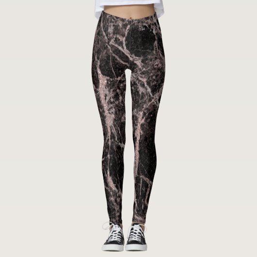 Zwart en Roos Gold Pink Glitter Marble Glam Trendy Leggings (Voorkant)