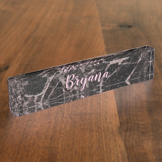 Zwart en Roos Gold Pink Glitter Marble Glam Trendy Naambordje (Zijkant)