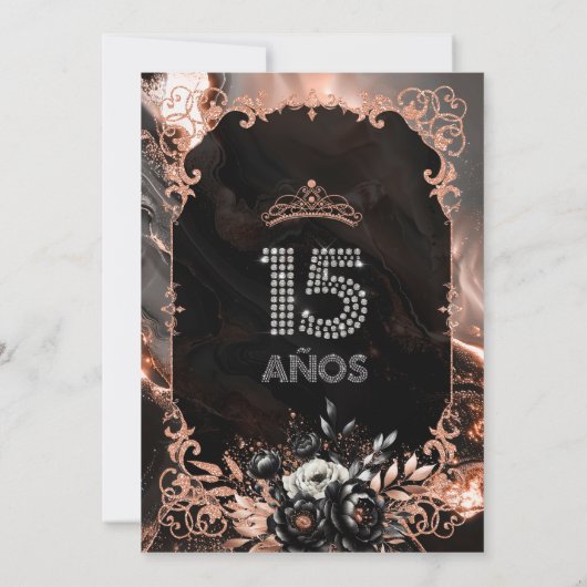 Zwart en Roos Gold Quinceañera Uitnodiging (Achterkant)