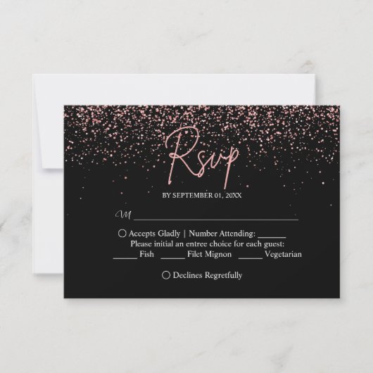 Zwart en Roos Goud Glitter Bruiloft RSVP Kaartje (Voorkant)