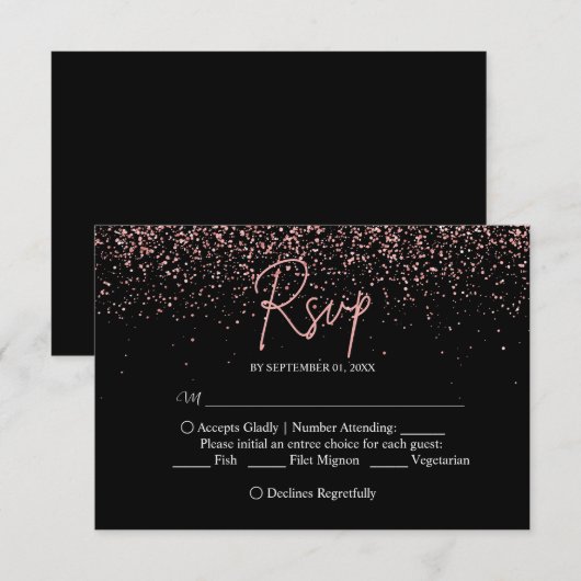 Zwart en Roos Goud Glitter Bruiloft RSVP Kaartje (Voorkant / Achterkant)