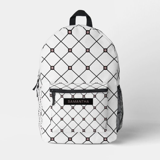 Zwart en Roos Goud in een Witte Achtergrond Diaman Bedrukte Rugzak (Voorkant)