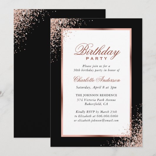 Zwart en Roos Gouden Confetti Verjaardagsfeest Kaart (Voorkant / Achterkant)