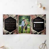 Zwart en Roos Gouden Folie Tropische Palm Bruiloft Drieluik Uitnodiging (Binnen)