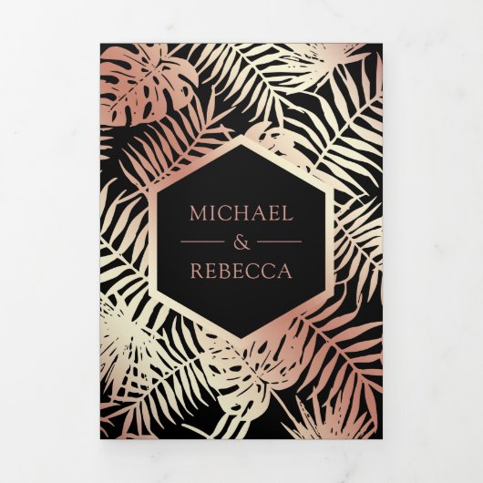 Zwart en Roos Gouden Folie Tropische Palm Bruiloft Drieluik Uitnodiging (Cover)