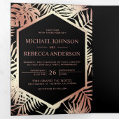 Zwart en Roos Gouden Folie Tropische Palm Bruiloft Drieluik Uitnodiging (Binnenzijde eerst)