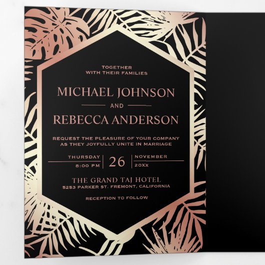 Zwart en Roos Gouden Folie Tropische Palm Bruiloft Drieluik Uitnodiging (Binnenzijde eerst)