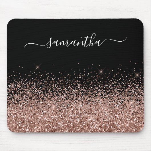 Zwart en Roos Gouden Glitter Elegante Naam Muismat (Voorkant)