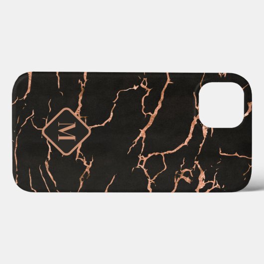 Zwart en roos gouden marmeren textuur monogram Case-Mate iPhone case (Achterkant (horizontaal))