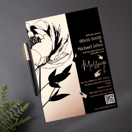 Zwart en Roos Gouden Pioen QR code Uitnodiging