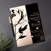 Zwart en Roos Gouden Pioen QR code Uitnodiging