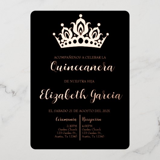 Zwart en roos gouden quinceañera uitnodigen folie uitnodiging (Voorkant)