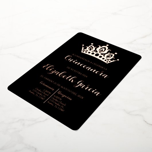 Zwart en roos gouden quinceañera uitnodigen folie uitnodiging (Gedraaid)