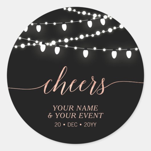 Zwart en Roos gouden strijklampjes Ronde Sticker (Voorkant)