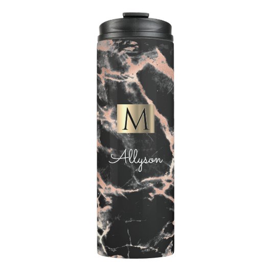Zwart en Roos goudmarmer, naam en monogram, Vs 2 Thermosbeker (Voorkant)