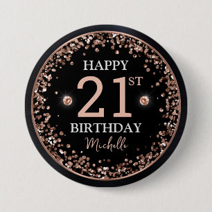 Zwart en roosgoud glinsterende confetti verjaardag ronde button 7,6 cm