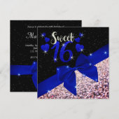 Zwart en Royal Blue Glittery Sweet 16 Uitnodigen Kaart (Voorkant / Achterkant)