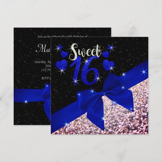 Zwart en Royal Blue Glittery Sweet 16 Uitnodigen Kaart (Voorkant / Achterkant)
