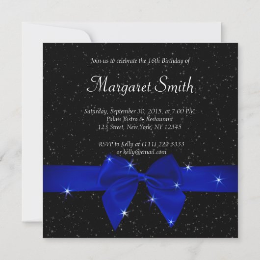 Zwart en Royal Blue Glittery Sweet 16 Uitnodigen Kaart (Achterkant)