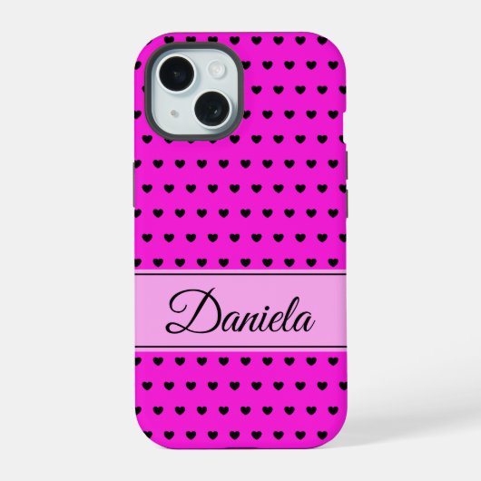 Zwart en roze aangepaste naam iPhone 15 case (Achterkant)