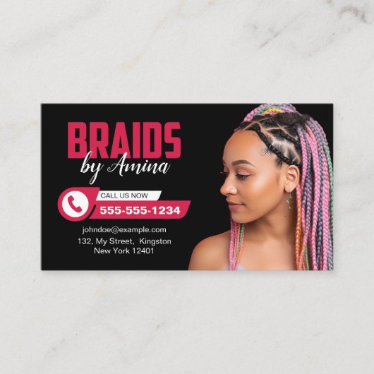Zwart en Roze Afrika Haar Vlechten Salon Foto Visitekaartje (Voorkant)