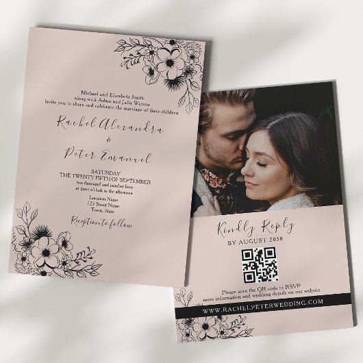  zwart en roze alles in één bruiloft kaart