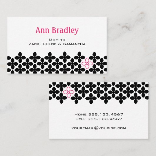 Zwart en Roze Bloem Moeder Belkaart Contactkaartje (Voorkant / Achterkant)