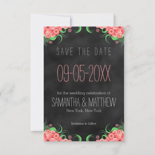 Zwart en Roze Bloemen Opslaan De Datum Aankondigin Save The Date (Voorkant)