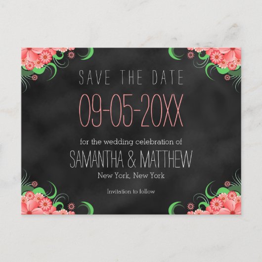 Zwart en Roze Bloemen Save The Date Briefkaarten (Voorkant)