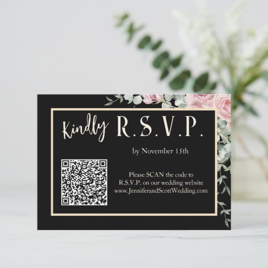 Zwart en roze bloemig boho-huwelijksuitnodiging RS RSVP Kaartje (Staand voorkant)