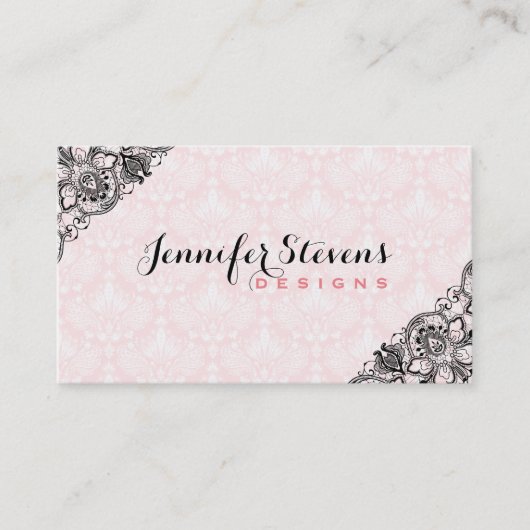 Zwart en roze bloemig kant visitekaartje (Voorkant)