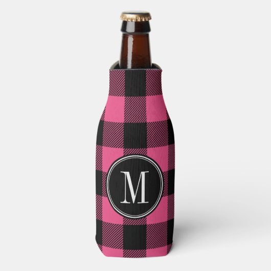 Zwart en Roze Buffalo Rut Monogram Flesjeskoeler (Fles Voorkant)
