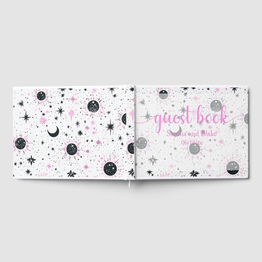 Zwart en Roze Celestial Zon Maan Sterren Bruiloft Gastenboek (Volledig)