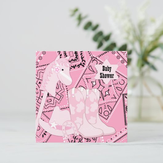 Zwart en Roze Cowgirl Baby Meisje Douche Kaart (Staand voorkant)
