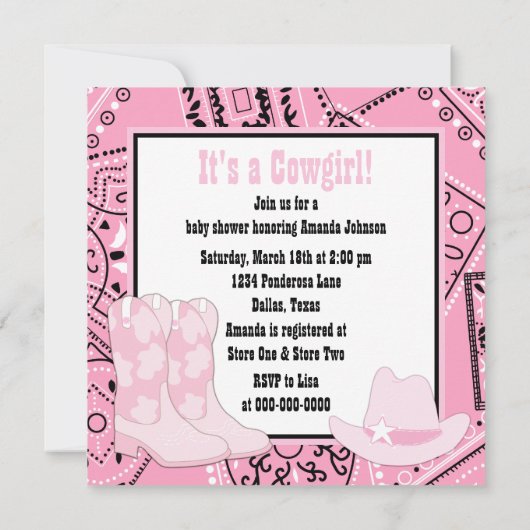 Zwart en Roze Cowgirl Baby Meisje Douche Kaart (Achterkant)