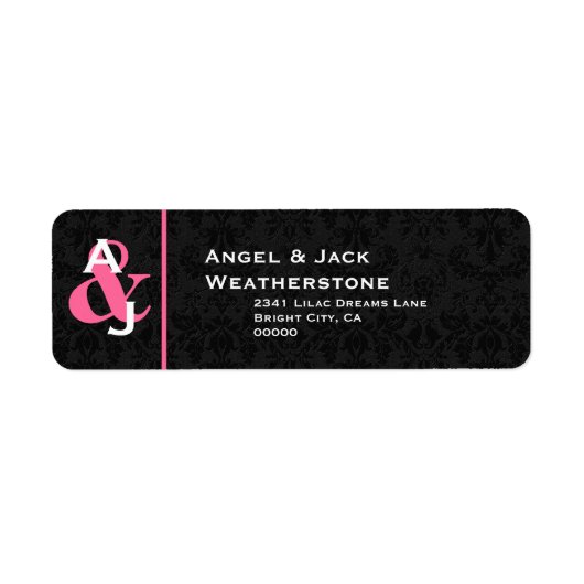 Zwart en Roze Damask Bruiloft Monogram Ver 007 Etiket (Voorkant)