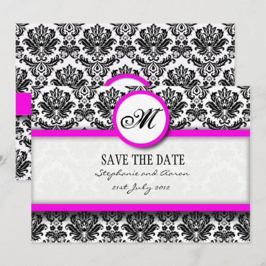 Zwart en roze Damask Monogram opslaan Datum Kaart (Voorkant / Achterkant)