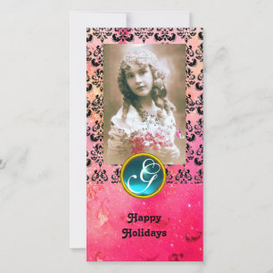 ZWART EN ROZE DAMAST Blauw Aquamarijn Monogram Feestdagenkaart