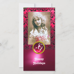 ZWART EN ROZE DAMAST Rode Robijn Monogram Feestdagenkaart