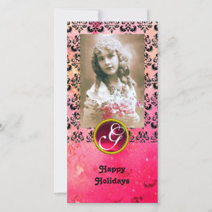 ZWART EN ROZE DAMAST Rode Robijn Monogram Feestdagenkaart