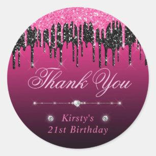 Zwart en roze druipende glitters verjaardag ronde sticker