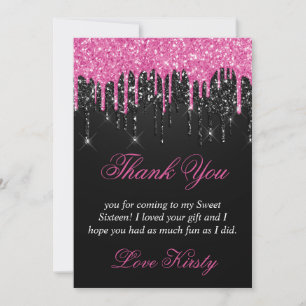 Zwart en roze druipende glitters Zweet 16 Bedankkaart