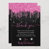 Zwart en roze druppelaar Glitter Sweet 16 Bedankkaart (Voorkant / Achterkant)