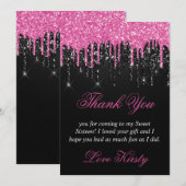 Zwart en roze druppelaar Glitter Sweet 16 Bedankkaart (Voorkant / Achterkant)