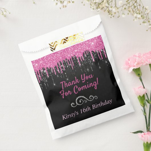 Zwart en roze druppelaar Glitter Sweet 16 Bedankzakje (Gezegeld)