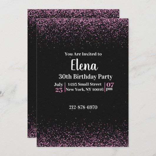 Zwart en Roze Elegante Uitnodiging van het Verjaar (Voorkant / Achterkant)