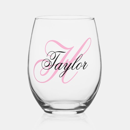 Zwart en roze fancy monogram wijnglas zonder voet (Voorkant)