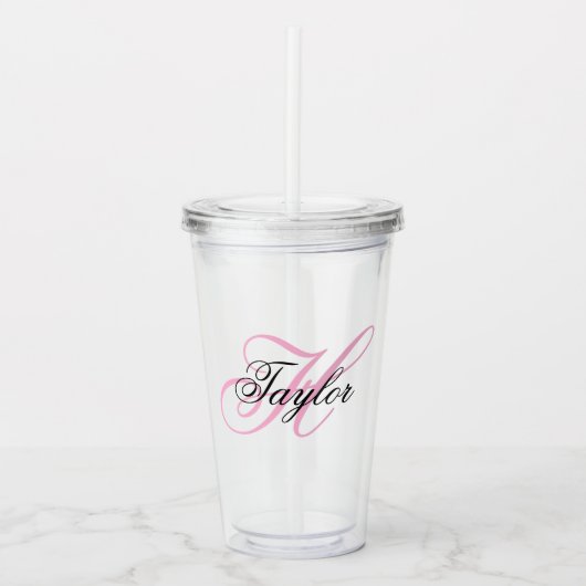 Zwart en Roze Fantasie Monogram Acryl Drinkbeker (Voorkant)