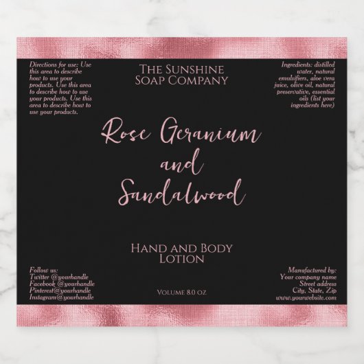 Zwart en roze faux folie cosmetica flesetiket sparkling wijnetiket (Enkel label)