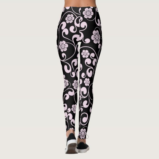 Zwart en roze Floral Pattern Women's Workout Leggings (Achterkant)